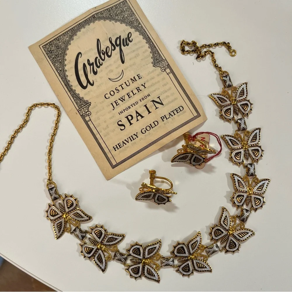 Art deco Gold Plated Spanish Damascene Butterfly vintage Necklace Earring set